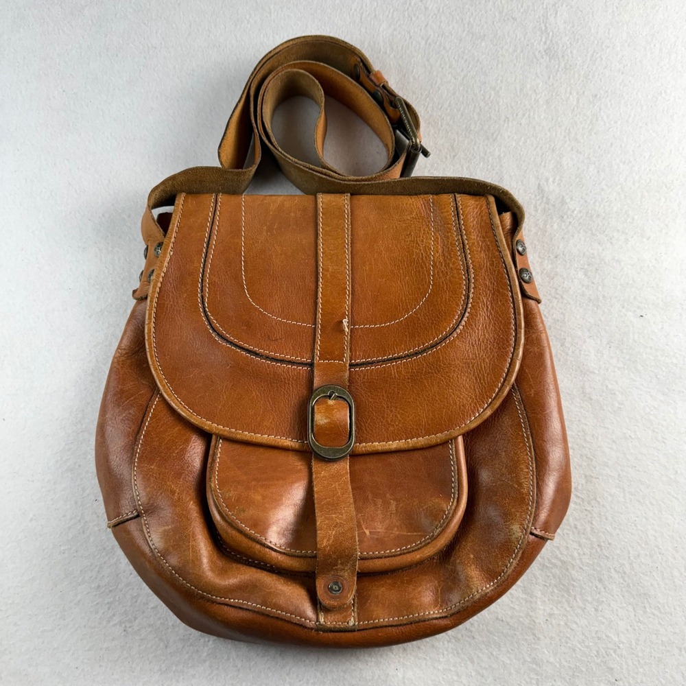 Patricia Nash Tan Italian Leather Crossbody Saddle Bag Buckle Flap Cognac Brown